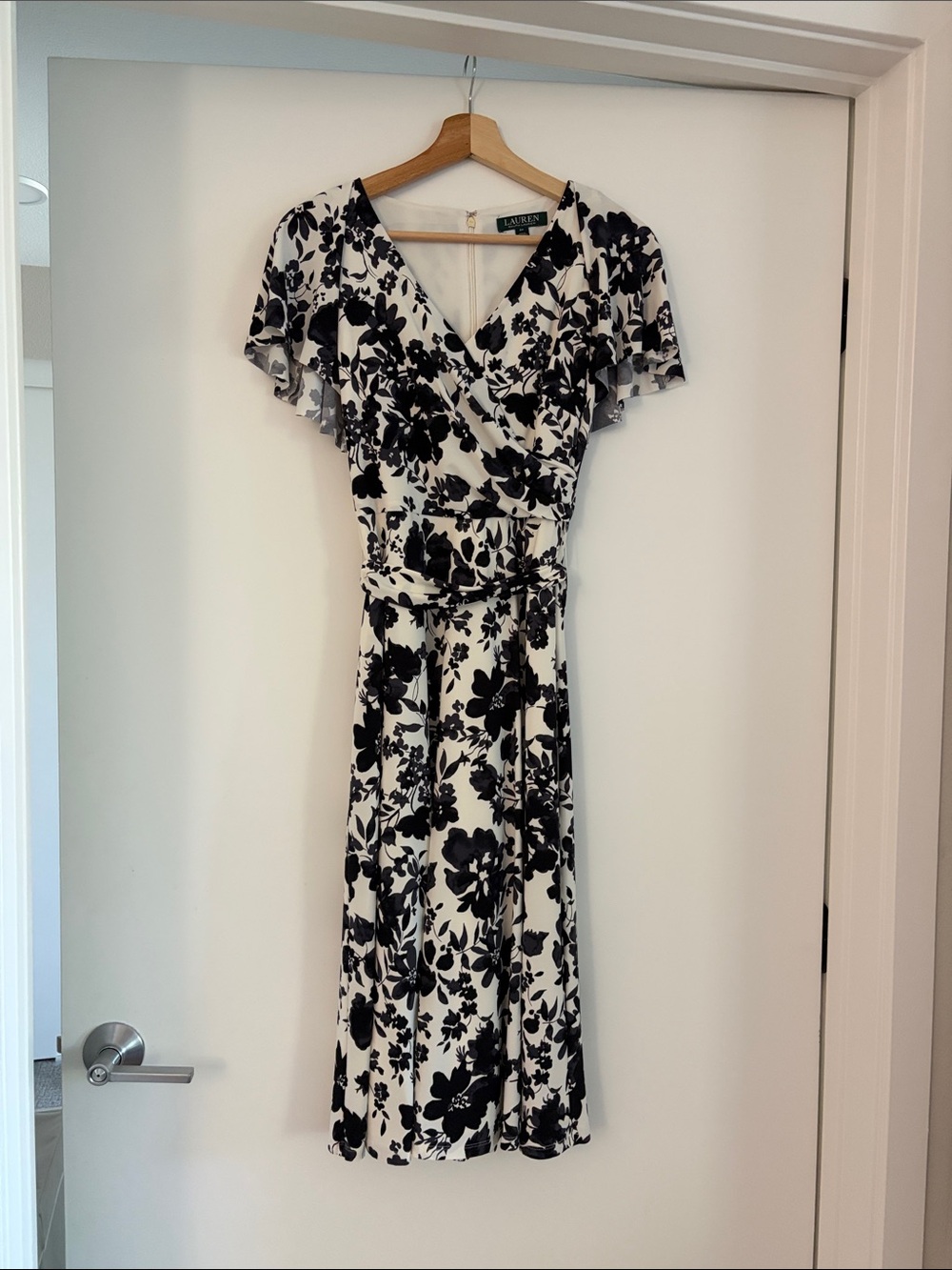 Lauren Ralph Lauren Black and White Floral Midi Wrap Dress